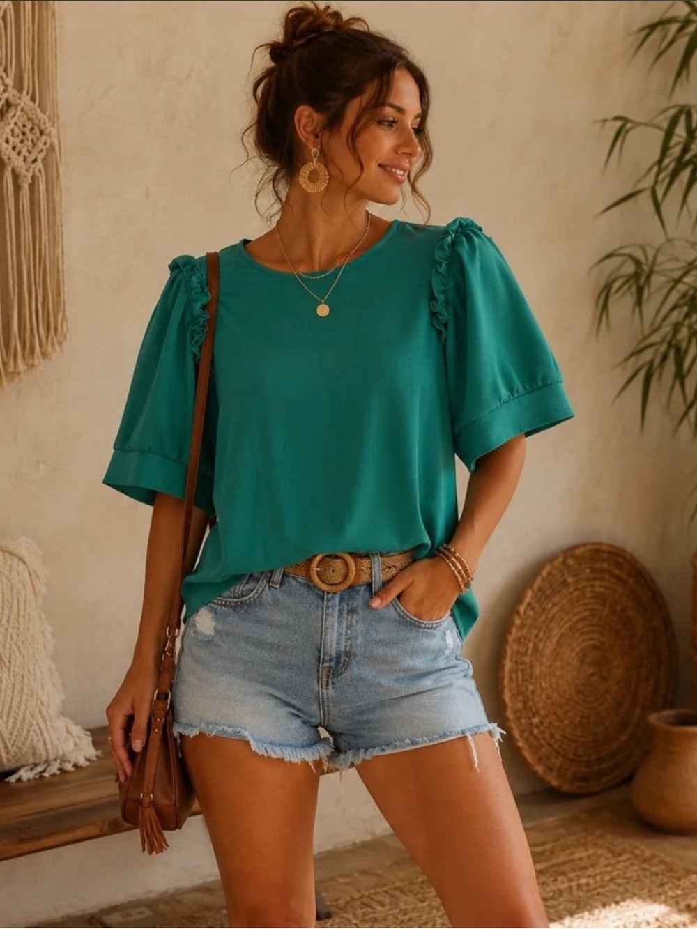 Adrianna Papell Teal Ruffle-Trim Short Sleeve Blouse